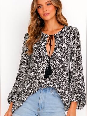 Faithfull The Brand Black and White Leopard Print Keyhole Tassel Tie Top
